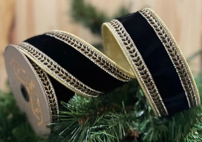D.Stevens Elegant Black Velvet & Crystal Trim 2.5 inch Ribbon Christmas Crafts - Image 1 of 4
