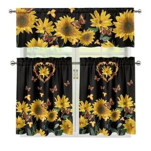 Sunflower Print Kitchen Curtain Valance and Tiers Set of 3 Window Treatment V... - Picture 1 of 5