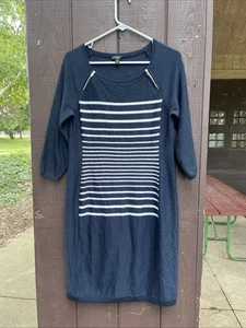 ANN TAYLOR Merino Wool Sweater Dress Navy Stripes 3/4 Sleeves Size Medium Petite - Picture 1 of 8