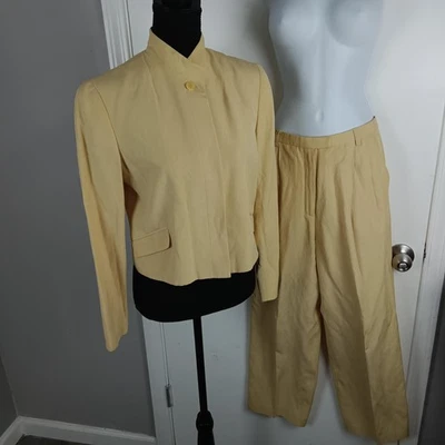 Vintage Worth Pant Suit Womens 4 Yellow Silk Linen 2 Piece Set Jacket Wide Leg - Image 1 of 4