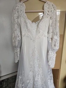 Eve of Milady Vintage Lace Beaded Puff Sleeve Wedding Dress Ruffle Train - Picture 1 of 23