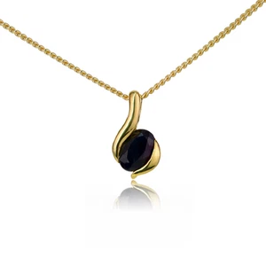 Sapphire Necklace Gold Plated Sterling Silver Ink Blue Oval Gemstone Handmade - Picture 1 of 12