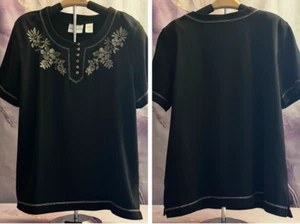 Alfred Dunner Vintage Woman's Floral Embroidered Black Top Lg - Picture 1 of 24