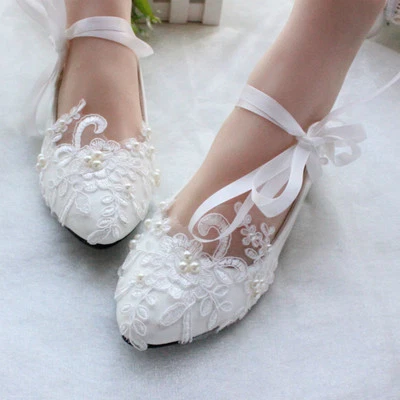Elegant Bride White Lace Wedding Bridal Shoes Pearl Lace Up Loafers Ballet Flats - Image 1 of 4