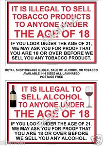 RETAIL SHOP STORE 2 x A4 SIGNS ILLEGAL SELL TOBACCO ALCOHOL TO ANYONE UNDER 18 - Picture 1 of 1
