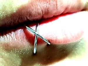 Fake Lip Ear Orbital Cuff Double Ring Piercing Steel Criss Cross Silver Clip On - Picture 1 of 12