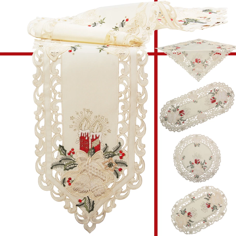 Christmas Tablecloth Table runners Doily Placemats Cream Red Candle Embroidery - Image 1 of 1