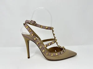 Valentino Garavani Rockstud Patent Caged Slingback High Heels Pumps Tan 37 7 - Picture 1 of 11