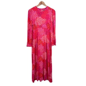 Oliver Bonas Midi Dress Size UK 12 Floral Pink Orange Puff Sleeve Party Wedding - Picture 1 of 10