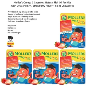 Moller's Omega-3 Jelly Fish 36 Capsules for Kids, DHA EPA, Strawberry Flavor x4 - Picture 1 of 7