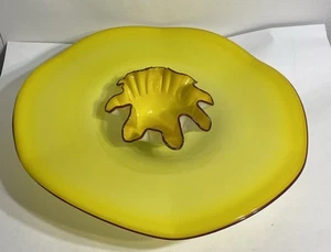 hand-blown yellow art glass wide bowl +smaller ruffled Bowl Centre Maroon Trim - Picture 1 of 4