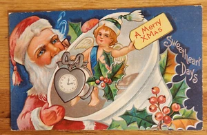 Postal vintage 1908 novia de Navidad de Santa Claus y bebé año nuevo en relieve - Imagen 1 de 1