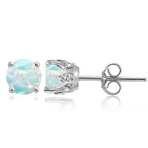 Sterling Silver Created Opal and White Topaz Crown Stud Earrings - Picture 1 of 3