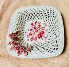 Vintage Capodimonte Porcelain Woven Basket Italy White Rectangle Flowers “RARE”
