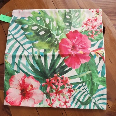 Funda de almohada cuadrada con cremallera floral tropical rosa tejido mezcla de lino 17”x17” nueva sin etiquetas Foto 1 de 3