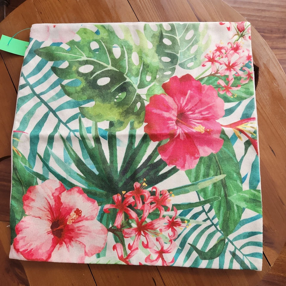 Funda de almohada cuadrada con cremallera floral tropical rosa tejido mezcla de lino 17”x17” nueva sin etiquetas Foto 1 de 3
