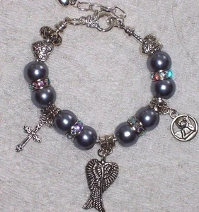 Euro Style Slate Blue Pearls, Aurora Borealis Spacers W/Angel Wings,Cross,Angel - Picture 1 of 1