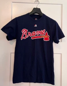 Jason Heyward 22 Atlanta Braves Majestic Boys MLB T-Shirt Blue Crew Spellout S - Picture 1 of 7