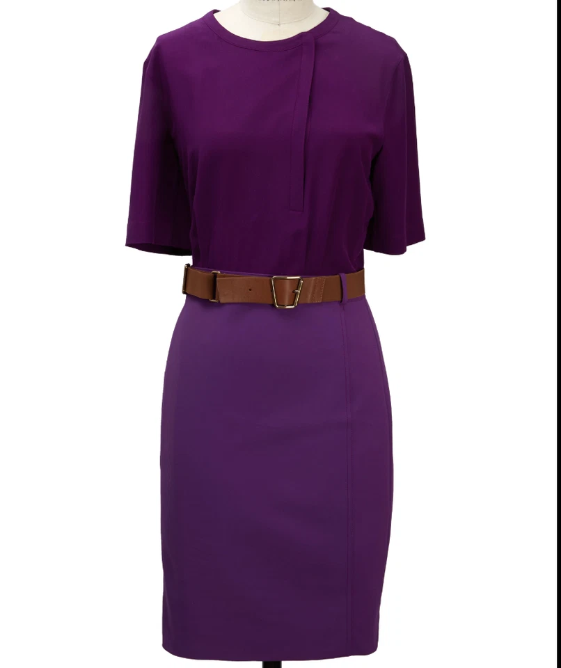 Vestido Akris púrpura manga corta seda cinturón hasta la rodilla línea A talla 10 Foto 1 de 4