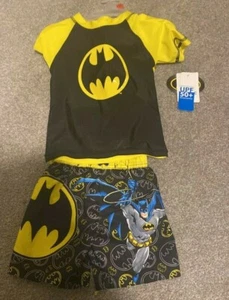 Boy's Batman 2 Piece Set Rash Guard & Swim Trunk UPF 50 Sun Yellow Black 2T - Picture 1 of 3