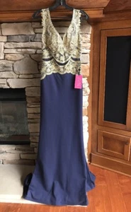 JVN By Jovani Beaded V-Neck Long Dress Formal Wedding Ball Gown Navy Gold 2 NEW - Picture 1 of 11