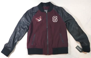 Guess Leather Bomber Varsity Jacket Embroidered Wool Black Burgandy New Size Med - Picture 1 of 14