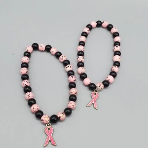 Breast Cancer Awareness Bracelets (2) Pink Black Beaded Friendship Sister Pair - Picture 1 of 5