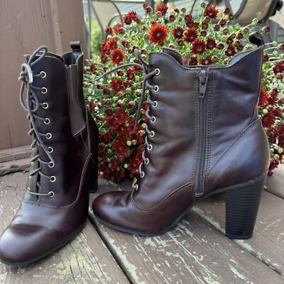 Liz Claiborne Botín al Tobillo Mujer Tacones Botas Cremallera Lateral Cuero Borgoña Talla 8M Foto 1 de 4