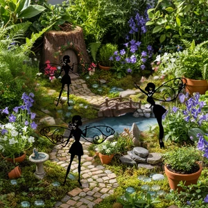 Set of 3 Fairy Garden Silhouette Stakes Outdoor Metal Decor Ornament Gift - Picture 1 of 6