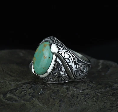 Anillo de piedra turquesa verde natural, anillo otomano grabado hecho a mano para hombre Foto 1 de 4