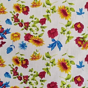 White Floral Poly Cotton Fabric | Flower Print Polycotton Fabric Design | 45" - Picture 1 of 7