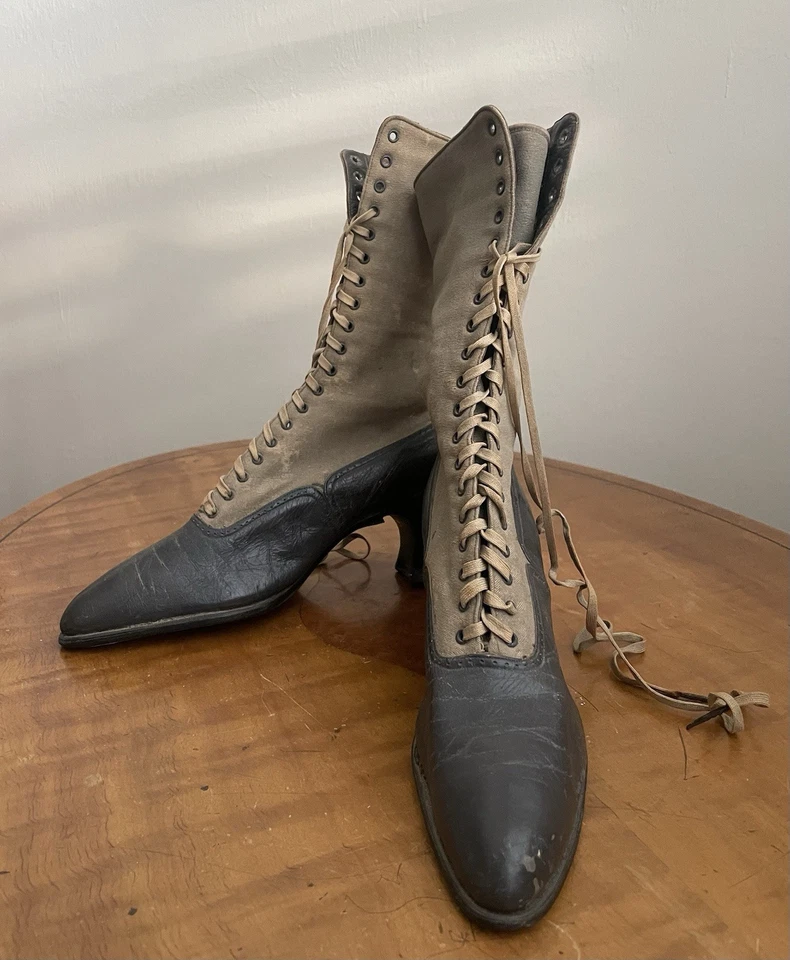 Victoriano Eduardiano Sorosis Mujer Medio Pantorrilla Botas con Cordones Zapatos Cuero y Lona Foto 1 de 4