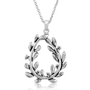 Symbolic Olive Branch Wreath Nature Boho Leaf Sterling Silver Pendant Necklace - Picture 1 of 5