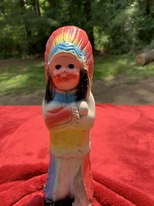 Vintage Native American with Head Dress Chalkware Statue 9” Tall Dated 1952 - Picture 1 of 12