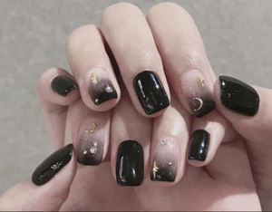 Moon and Star Black Sparkle Fake Short Square Press On Nails 24 Pcs Nail Set 1 - Picture 1 of 2