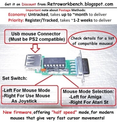 USB PS2 Mouse Adapter -> Atari ST Amiga Amstrad Commodore 9pin DB9 Joystick Port - Bild 1 von 4