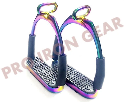 PRO IRON GEAR RAINBOW OFFSET HORSE FLEXIBLE SAFETY STIRRUPS (4.75’’) RIDING BENDY IRON STEEL