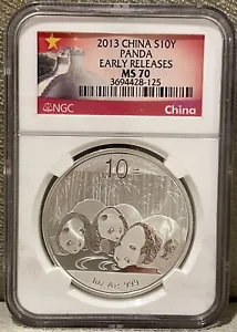 2013 China Panda 10 Yuan 1 oz .999 Fine Silver Coin NGC MS70 - Picture 1 of 2