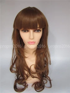 Women Girl Brown Gold Classic Long Wavy Curly Full Bangs Cosplay Hair Full Wigs - Picture 1 of 7
