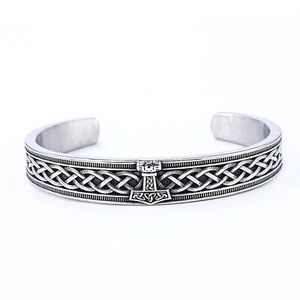 Thors Hammer Viking Bracelet Silver Stainless Steel Norse Mjolnir Cuff - Picture 1 of 2