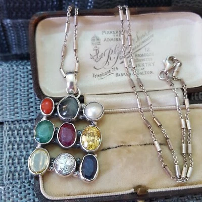 Vintage 925 Sterling Silver Necklace, Hindu Navratna Pendant, Multi Gemstones - Image 1 of 4