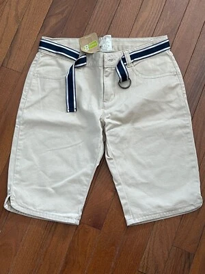 Crazy 8 Khaki Belted Uniform Shop Bermuda Shorts Adjustable Waist Size 14 New - Image 1 of 4