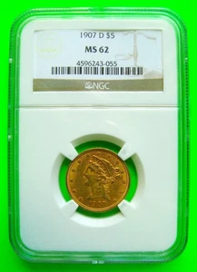1907-D LIBERTY $5 ORO MEDIO ÁGUILA - NGC MS62 + ENVÍO GRATUITO EE. UU. Excelente - Imagen 1 de 5