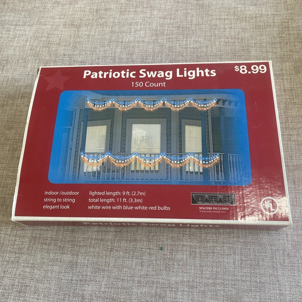 Swag Style 150 luzes 3 camadas bandeira patriótica americana vermelho branco azul - Imagem 1 de 1