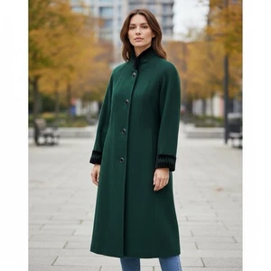 Vintage Womens Green Wool Velvet Trim Long Trench Coat Medium Overcoat Holiday - Picture 1 of 12