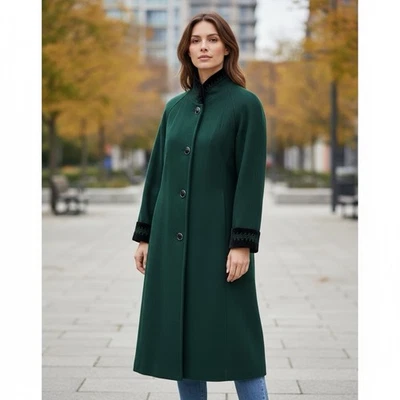 Vintage Womens Green Wool Velvet Trim Long Trench Coat Medium Overcoat Holiday - Image 1 of 4