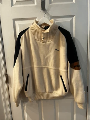 Suéter Vintage Head Sportswear Crema Lana Cuello a Presión Cuero Parche Talla XL Foto 1 de 4
