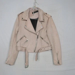 Zara Basic Womens Biker Jacket Large or 14(AU) Pink Faux Suede Outerwear Belted - Picture 1 of 8
