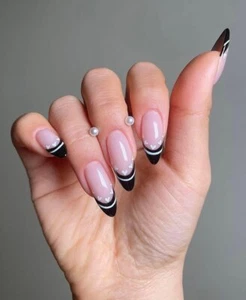 Personalized Black French Tip Press On Nails, White Heart Almond Gift Set - Picture 1 of 7