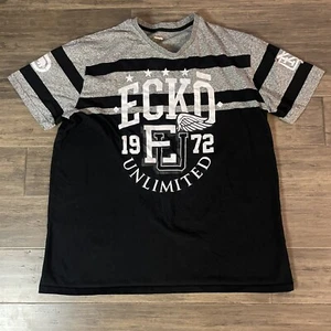 Ecko Unltd meliertes graues Strick-T-Shirt Kurzarm 1972 Nashorn gestreift Herren XL - Bild 1 von 11
